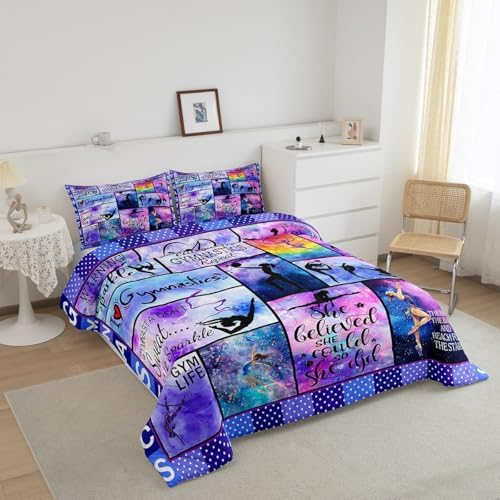 Manfei Gymnastics Comforter Set Twin Size Gymnastics Lovers Bedding Set 2pcs for Gymnast Girls Teens Room Decor, Geometric Checkered Print Quilt Set Luxury Girly Duvet Set with 1 Pillowcase