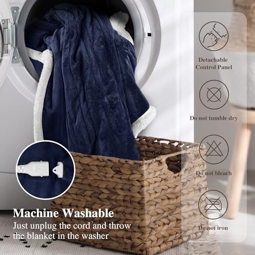 Heated Blanket Twin Size Electric Blanket - Heating Blanket with 6 Heat Levels & 4 Hours Auto-Off, Cozy Soft Fleece Sherpa Blanket, Washable, Fast Heating, 62 x 84 Inches, Navy