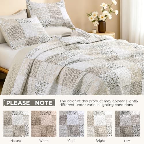 Litanika Floral Beige Quilt Queen - 3Pcs Botanical Birds Bedding Set