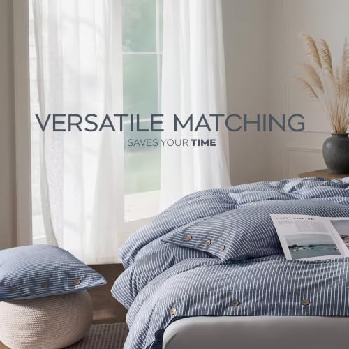 JELLYMONI Cotton Duvet Cover King Size - Blue Vertical Pinstriped Comforter Cover with Button 100% Washed Cotton 3PCS Breathable Soft Solid Bedding Set Duvet Cover 104×90in & 2 Pillowcases