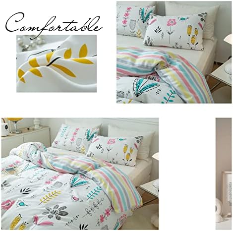 mixinni Flowers Duvet Cover for Teenage Girls Queen Size Floral Leaf Printed Soft Cotton Full Bedding Set Reversible Colorful Striped Pattern Girls Zipper Closure 4 Corner Ties for Women-Queen Size