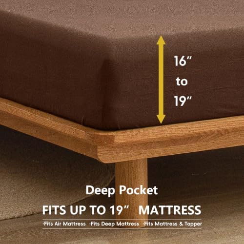 BESTOUCH Sheet Set 100% Washed Cotton Linen Feel Super Soft Comfortable Chic Lightweight 4 Pcs Home Bedding Set Solid Cocoa Brown Queen