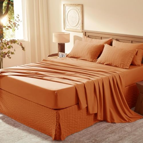 Laojin Balhen Queen Comforter Set 7 Pieces, Burnt Orange Seersucker Bed in a Bag Set Queen Size, All Season Luxury Bedding Sets with Comforter, Sheets, Pillowcase & Sham