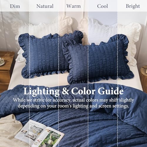 JOLLYVOGUE Navy Blue Queen Comforter Set, 3 Pieces Seersucker Comforters Queen Size, Lightweight & Fluffy Bedding Sets Queen for All Season with 1 Ruffle Comforter and 2 Ruffle Pillowshams