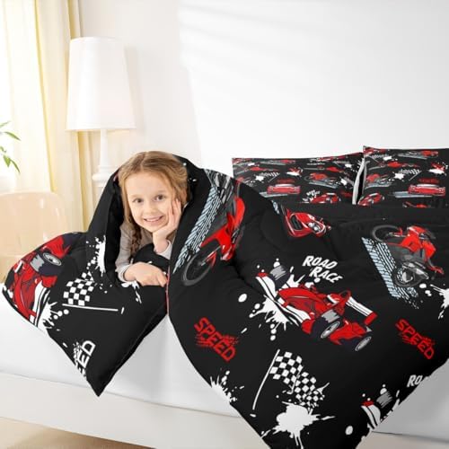 Erosebridal Black Red Race Car Bedding Set Kids Sports Car Comforter Set Toddler,Speed Racing Car Bedding for Boys Teens Men Extreme Sport Games Duvet Insert Dirt Bike Motocross Quilt,1 Pillowcase