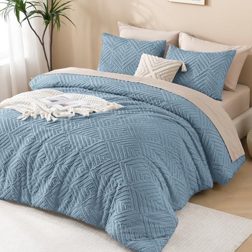 Andency Grayish Blue Super King Comforter, 3 Pieces Boho Bedding Set