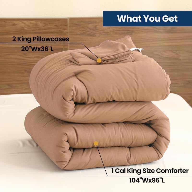 Paxrac Latte California King Comforter Set, 3 Pieces Light Brown Bedding Set, Soft Fluffy Cal King Comforter, All Season Bed Set (104"x96" Comforter & 2 Pillowcases)