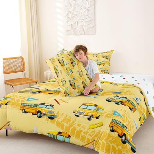 Feelyou School Bus Comforter Set Full Size Cartoon Truck Bedding Set for Kids Boys Girls Yellow Transport Vehicles Duvet Quilt Bedroom Decor Microfiber 3 Pcs with 2 Pillow Cases