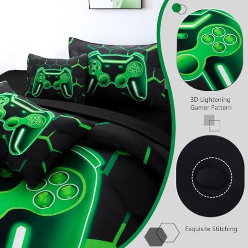 6 Pieces Boys Gamer Comforter Set Full Size, 3D Gamepad Gaming Kids Bedding Set, Game Console Printed Bed in A Bag with Sheets, Geometric Honeycomb Bed Sets (Green, Full)