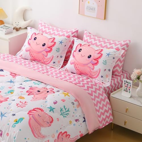 Girls Pink 7 Piece Axolotl Comforter Set for Kids Full Size Kawaii Axolotl Bedding for Teen 3D Animals Colorful Bed Set (Comforter,Flat Sheet,Fitted Sheet and Pillow Sham)