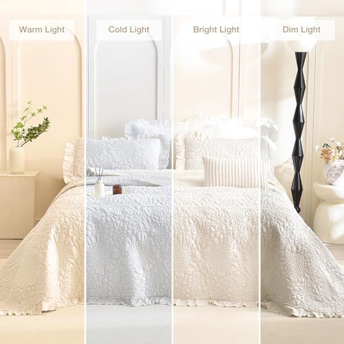 Masaca Oversized King Quilt(118"x106"),3 Pieces Wheat Ruffled California King Bedspread Lightweight Crinkled Farmhouse Shabby Boho Chic Reversible Stone-Washed Microfiber Bedding Set Extra Soft