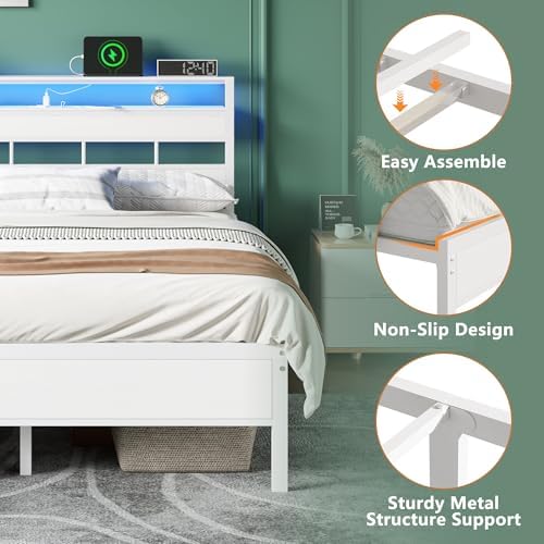Furnulem Queen Bed Frame White,Storage Headboard,Charging Station & RGB LED