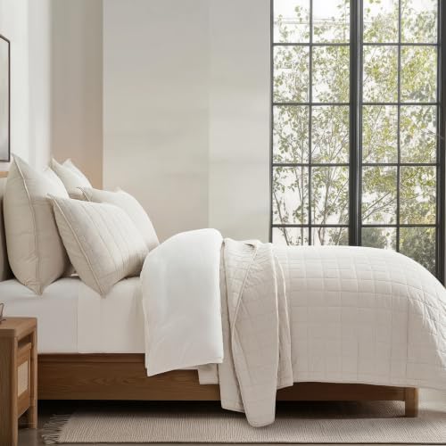EVERGRACEHOME 100% Cotton Box Stitch Quilt Set, Oversized King, Birch