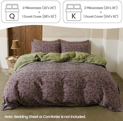 BISELINA 100% Cotton Muslin Duvet Cover Set Queen, 3 Pcs Yarn-Dyed Jacquard Textured Reversible Botanical Design, Soft and Breathable Bedding Set with Zipper Closure, Violet Green