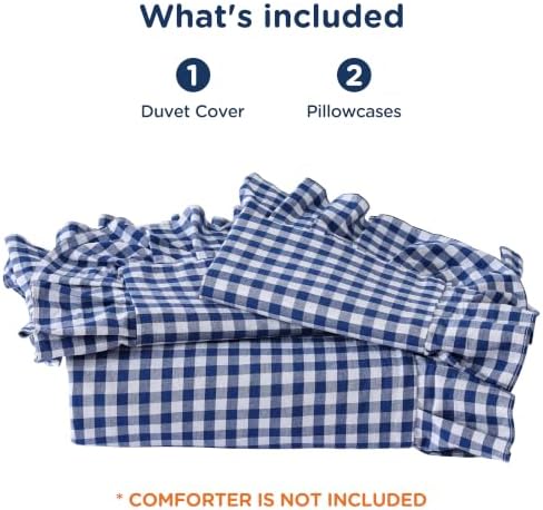 ATsense Navy Blue Gingham Ruffle Duvet Cover Set Cotton Like Linen, Queen