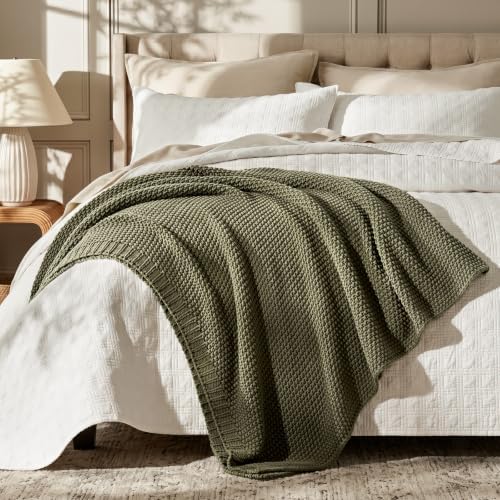 EverGrace Organic Cotton Chunky Knit Throw Blanket, 50 x 60 Olive Green