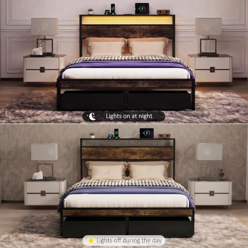 Queen Bed Frame with 2 Drawers and Storage Headboard, Metal Platform with LED Lights and Charging Station, No Box Spring Needed, Noise Free, Easy Assembly