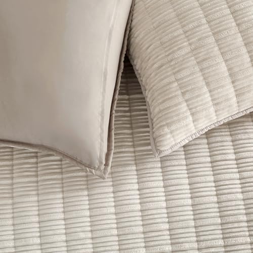Wonderful Corduroy Texture Beige Quilt Set Queen - Hypoallergenic Skin-Friendly Soft Plush Velvety Touch Bedspread, Classic Vertical Striped Lightweight Coverlet for All Season, 94"x94"