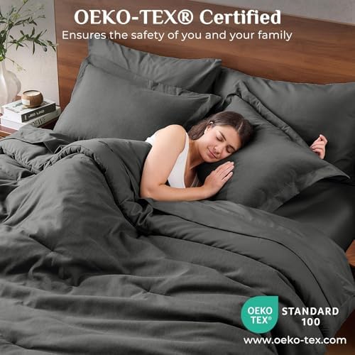 JOLLYVOGUE Dark Grey Full Comforter Set, Cationic Dyeing Bed in a Bag Full 7 Pieces, Double-Tone Bedding Set with Down Alternative Comforter, Sheets, Pillowcases & Shams