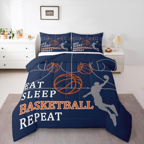 Castle Fairy Basketball Comforter Set with 2 Pillowcases,Basketball Court Super Soft Microfiber Bedding Set for Adults Teens,Ball Sports Games Navy Blue Duvet Set for Room Decor,King