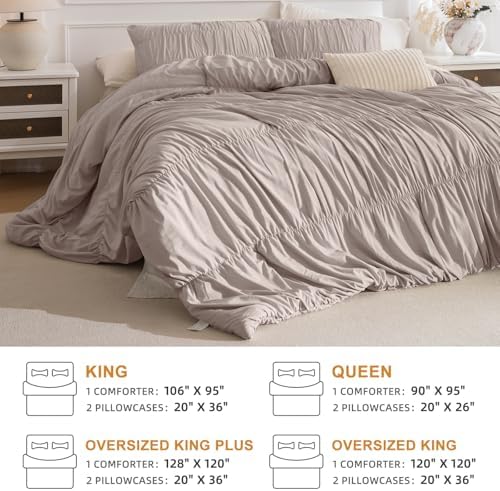 Masaca King Comforter Set(106"x95"),Ruched Ruffle Bedding Comforter Lightweight Vintage Shabby Boho Chic Ultra Soft Microfiber Cal King Bedding 3Pcs (1 Taupe Comforter and 2 Pillowcases)