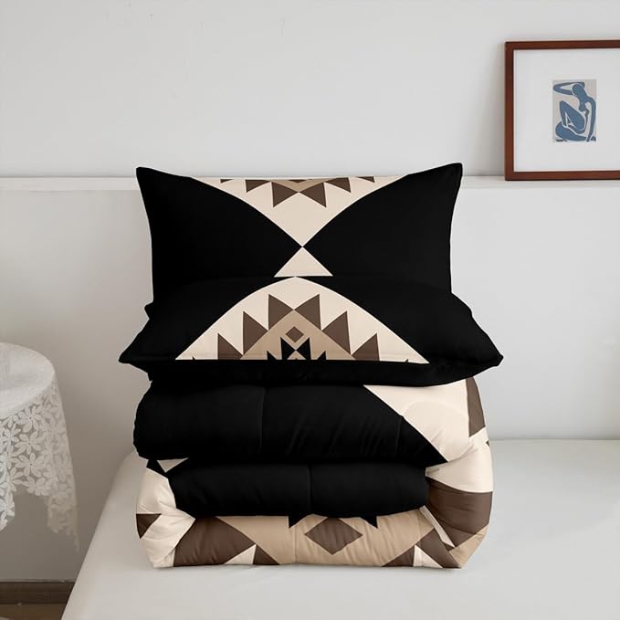 Erosebridal Black Beige Abstract Queen Comforter Set for Adult Women Men Modern Boho Western Aztec Bedding Set Geometric Stripes Bed Set Minimalist Stylish Art Southwestern Quilt Set