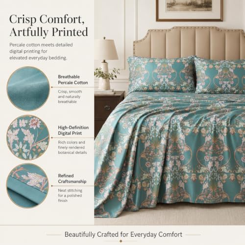 FADFAY Premium 100% Cotton Percale King Sheet Set, Teal Botanical Floral