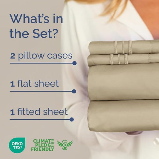 Full XL Bed Sheet - 4 Piece Full XL Bed Sheets Set - Soft, Breathable & Cooling - Hotel Luxury Bedding for Women, Men, Kids, Teens, Boys & Girls - Deep Pockets, Comfy, Fade and Wrinkle Free - Beige