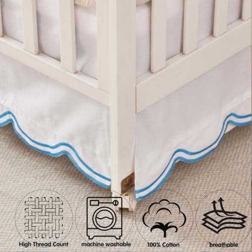 Brandream 100% Organic Cotton Crib Skirt for Baby Boy & Girl, Embroidered Blue Scalloped Edge Crib Dust Ruffle, Soft Breathable Nursery Bedding Decoration, Fits Standard Cribs & Toddler Bed, 16" Drop
