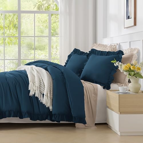 Andency Navy Blue California King Comforter Set, 3 Pcs Shabby Chic Bedding