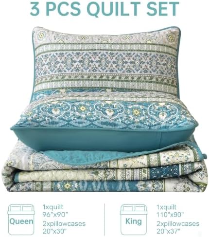 WONGS BEDDING Boho Quilt Queen Size,3 Pcs Aqua Bedspread Bedding Set