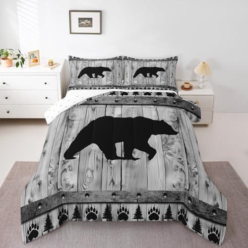 Bear Comforter Set King Size,Rustic Farmhouse Wood Cabin Bedding Set,Wildlife Hunting Quilt Set for Kids Boys Girls Teens Room Decor,Grey Black Pine Trees Pattern Duvet Insert,2 Pillowcases