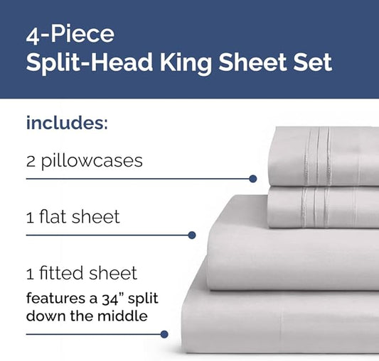 Flex Top Split Head King 4 Piece Sheet Set - Comfy Breathable & Cooling Bed Sheets Set - Hotel Luxury Bedding for Women, Men, Kids, Teens, Boys & Girls - Deep Pockets, Soft and Oeko-Tex - Light Grey