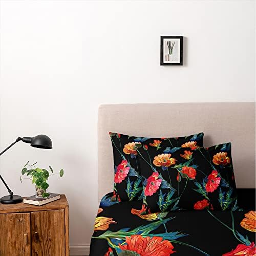 Black Floral Duvet Cover Set Twin Size Comforter Cover Sets 68"x90" 3 Pieces Bedding Soft Lightweight Flower Bed Set