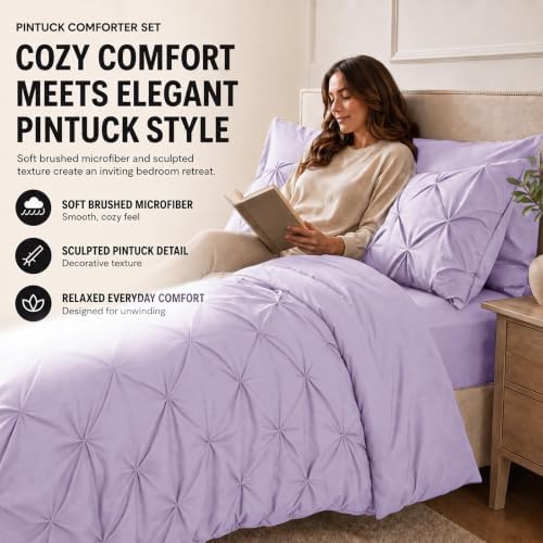 HIMEET King Size Comforter Set Lavender - 7 Pieces Pintuck Bed in a Bag
