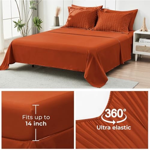 HYMOKEGE Burnt Orange California King Comforter Set Seersucker 7 Pieces, All Season Luxury Bed in a Bag for Bedroom, Bedding Set with Comforters, Sheets, Pillowcases & Shams