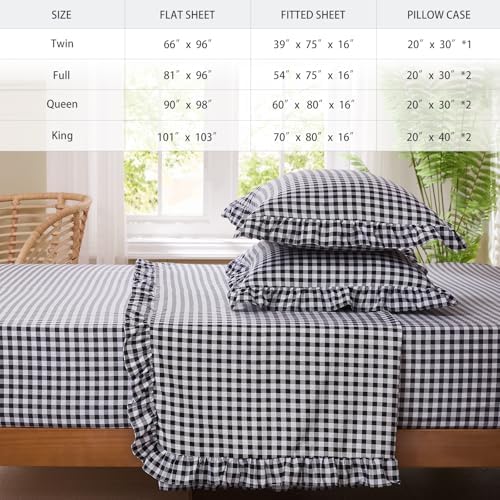 Gingham Twin Sheet Set, Lightweight Super Soft Brushed Microfiber Plaid Bed Sheets with 16" Deep Pocket, 3 Piece Ruffle Farmhouse Bedroom Decor, Black