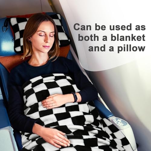 Travel Blanket and Pillow Compact, Premium Soft 2 in 1 Airplane Blanket with Soft Bag Pillowcase,Hand Luggage Sleeve and Backpack Clip (Checkered Black)