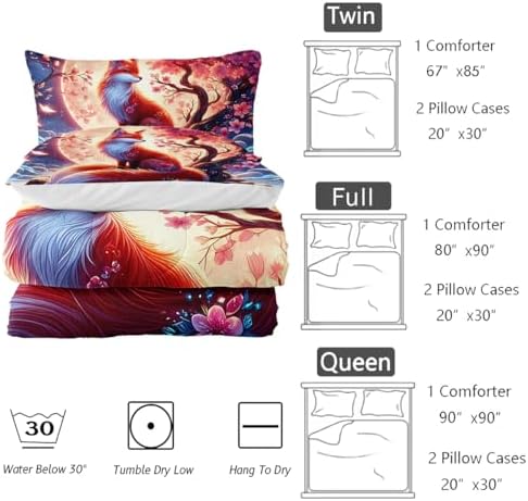 Nttopship Fox Comforter Bedding Set with 2 Pillowcase Full Size Cartoon Fox Sakura Comforter Set for Kids Boys Girls Bedroom Decor