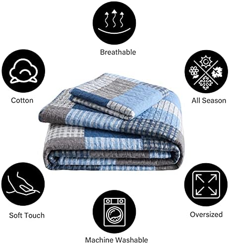 PANGUSHAN King Size Quilt Set,100% Cotton King Quilt Bedding Set Bedspread,Patchwork Plaid Quilt Bedspreads for King Bed,Navy Blue/Blue Reversible Lightweight Comforter Bed Set,All Season,3 Pieces