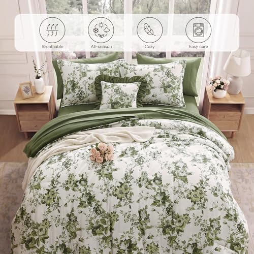 BLOOMHAVEN King Size Comforter Set-7 Pieces Green Floral Bed in a Bag King