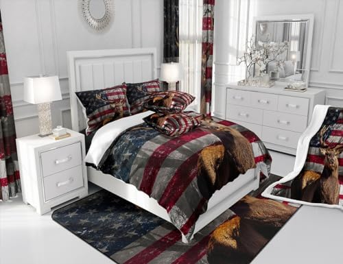 Manfei 3D Deer Comforter Set Full Size American Flag Bedding Set 3pcs for Kids Boys Teens Room Decor, Wildlife Animal Elk Print Quilt Set Stars and Stripes Duvet Insert with 2 Pillowcases