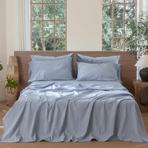 MooMee Sheet Set 100% Washed Cotton Linen-Like Extra Deep Pocket Queen