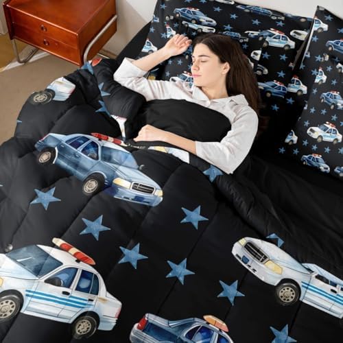Erosebridal Police Car King Bed in A Bag for Boys, Cartoon Car Comforter Set with Sheets for Kids Teens Youth Men Bedroom, Policeman Vehicle 7 Pieces Bedding Set, Star Black Bed Sets, Microfiber