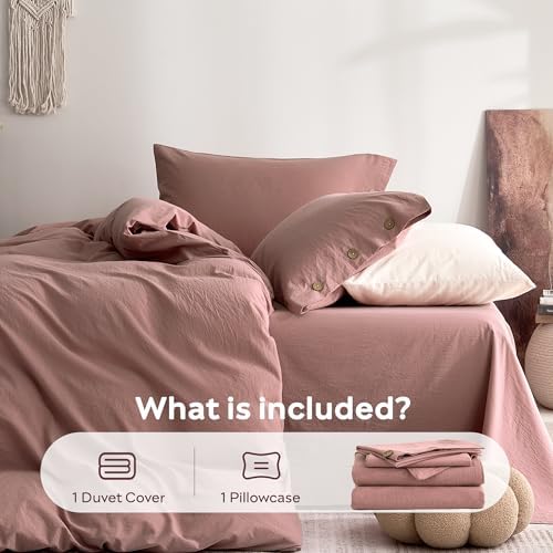 JELLYMONI 100% Washed Cotton Darker Rose Duvet Cover Twin, Linen-Like