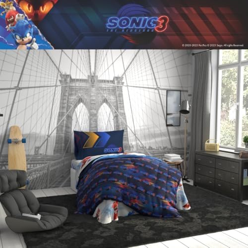 Sonic The Hedgehog 3 Movie Kids Bedding Super Soft Comforter and Sheet Set, 4 Piece Twin Size, (Officially Licensed Product) By Franco