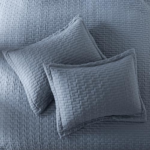 WDCOZY Dusty Blue Twin Size Quilt Set, Geometric Box Lightweight Bedspread, Soft Farmhouse Rustic Coverlet, Spring Summer Thin Comforter, Country Bedding, 68x90 inches