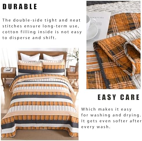 Homzard 100% Cotton King Size Quilt Set Striped Plaid Orange Black Bedspread Set Summer Lightweight Farmhouse Washable Bedding Comforter Set 3 Pieces