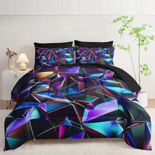 7 Piece Purple Geometric Abstract Pattern Comforter Set King Size,Abstract Diamond Print Bedding King,(1 Comforter, 1 Flat Sheet, 1 Fitted Sheet, 2 Pillowcase and 2 Pillow Sham)