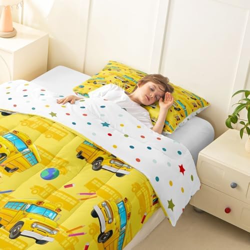 Feelyou School Bus Comforter Set Toddler Size Yellow Cartoon Truck Bedding Set for Kids Boys Girls Transport Vehicles Duvet Quilt Bedroom Decor Microfiber 2 Pcs with 1 Pillow Case